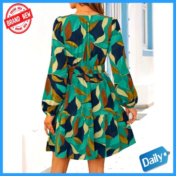 Long Sleeve Floral Mini Dress Boho V Neck A-Line Flowy Beach Vacation - Picture 3 of 7